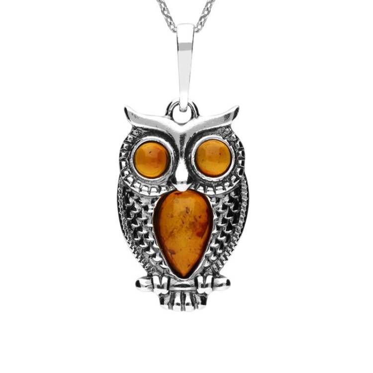 Sterling Silver Amber Owl On Branch Necklace - Option1 Value Silver