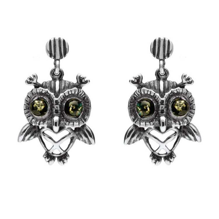 Sterling Silver Amber Owl Stud Earrings - Silver