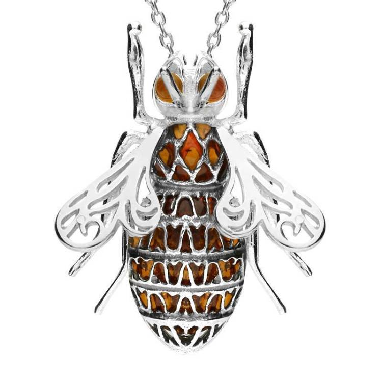 Sterling Silver Amber Patterned Bee Necklace - Silver