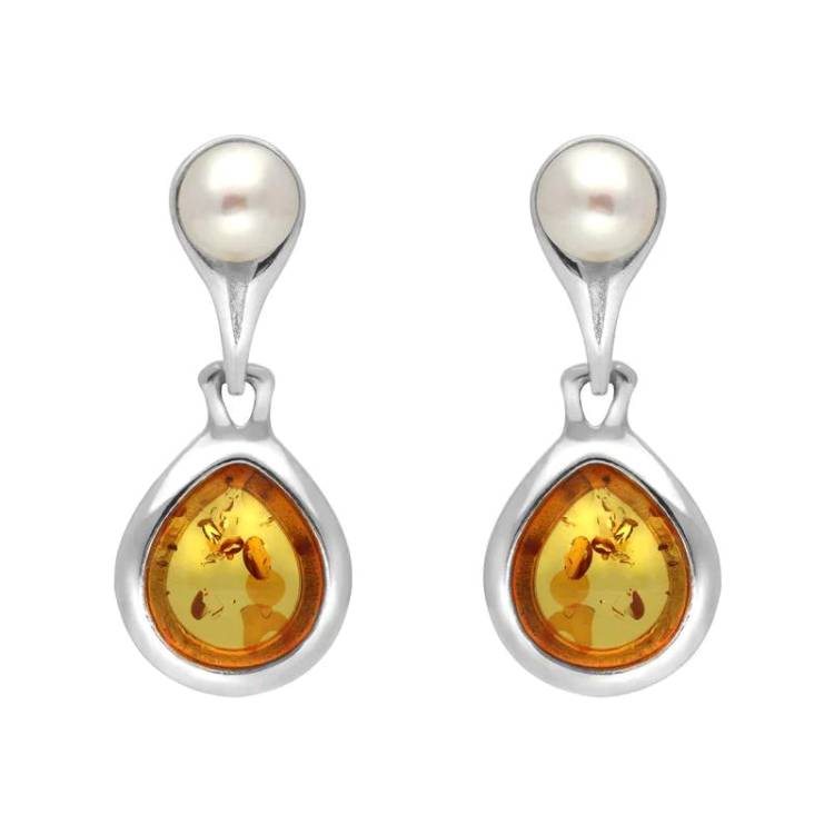 Sterling Silver Amber Pearl Drop Earrings - Silver