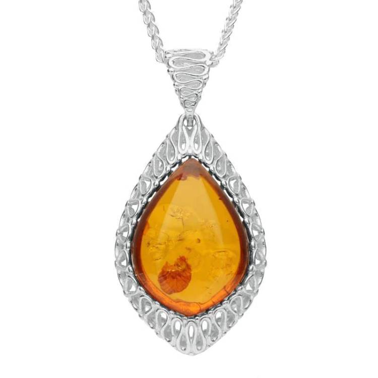 Sterling Silver Amber Pierced Edge Peardrop Necklace - Option1 Value Silver