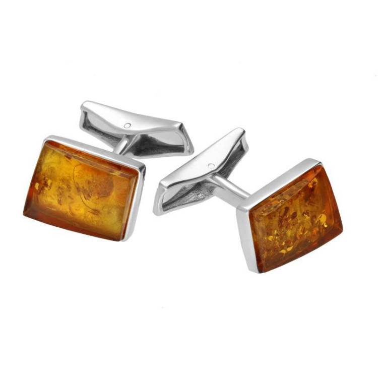 Sterling Silver Amber Rectangle Cufflinks - Silver