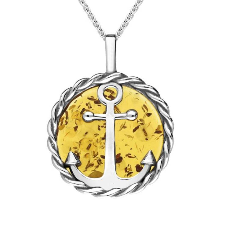 Sterling Silver Amber Rope Edge Anchor Necklace - Silver