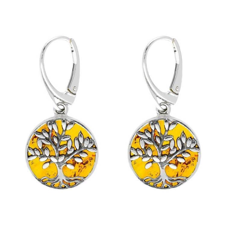 Sterling Silver Amber Round Large Tree of Life Leaves Drop Earrings - Silver