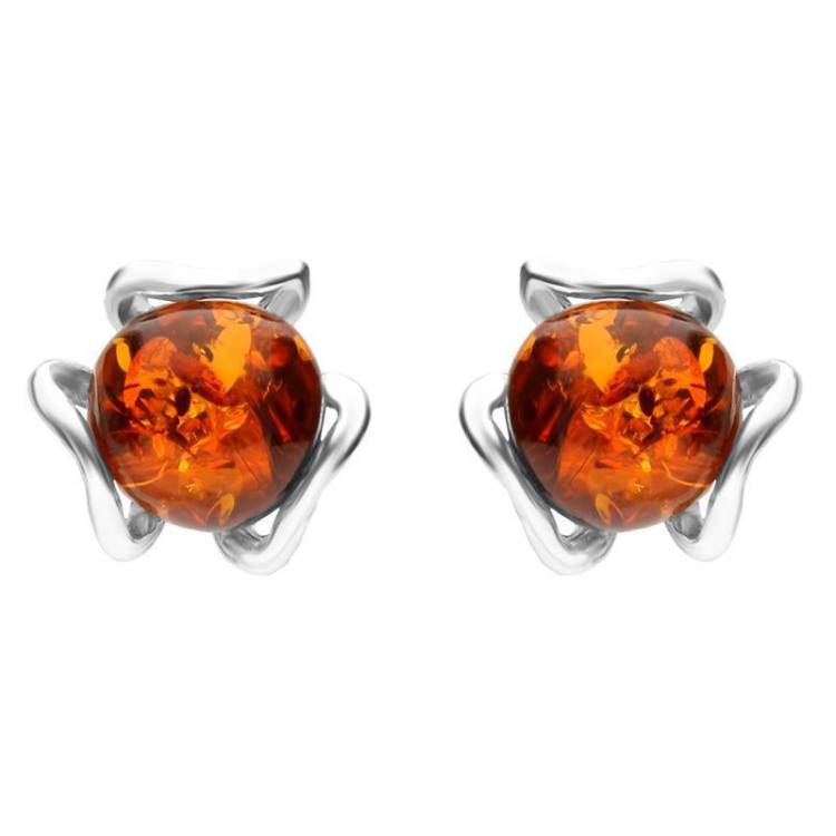 Sterling Silver Amber Round Petal Detail Stud Earrings - Silver