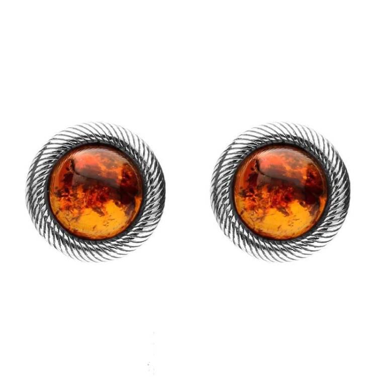 Sterling Silver Amber Round Rope Framed Stud Earrings - Silver