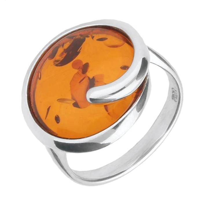 Sterling Silver Amber Round Swirl Ring - Silver