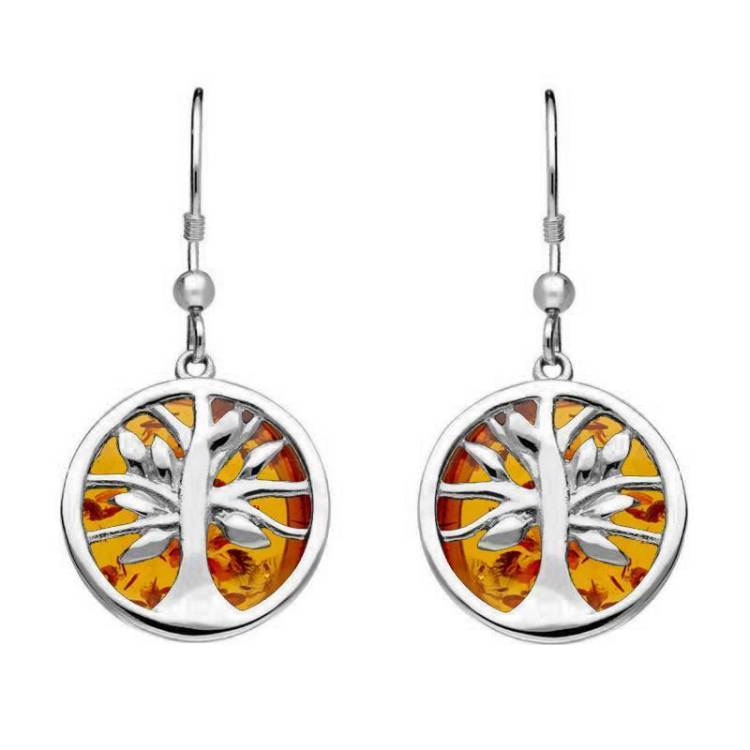 Sterling Silver Amber Round Tree Drop Earrings