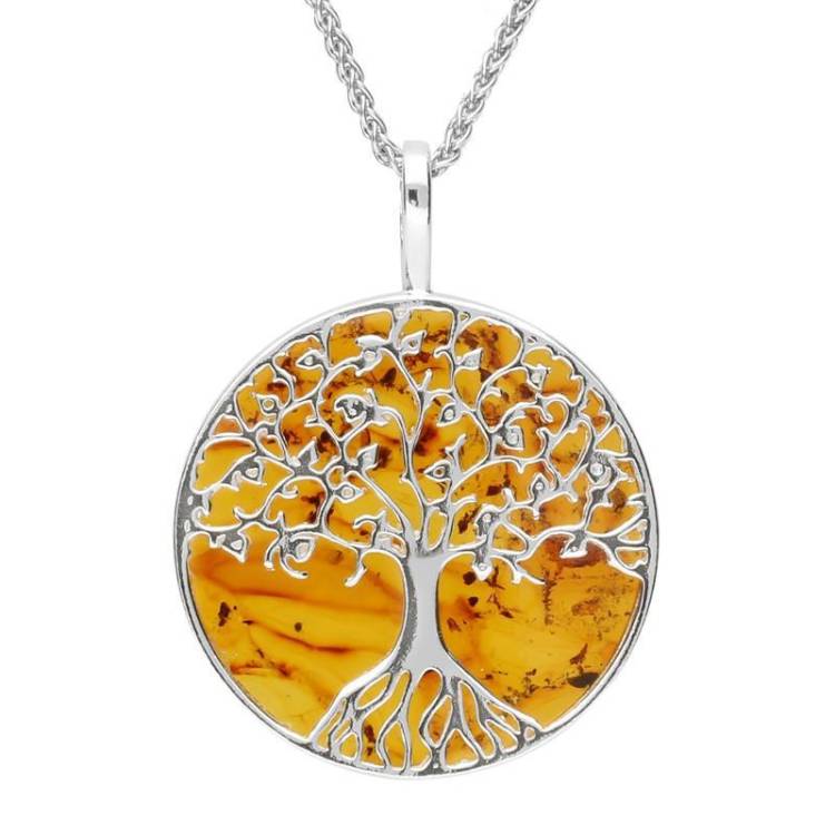 Sterling Silver Amber Round Tree Of Life Necklace - Option1 Value Silver