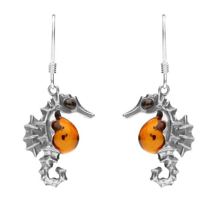 Sterling Silver Amber Seahorse Drop Earrings - Silver