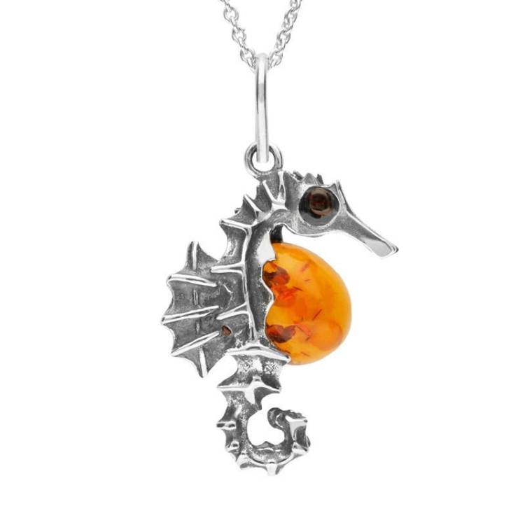Sterling Silver Amber Small Seahorse Necklace - Silver