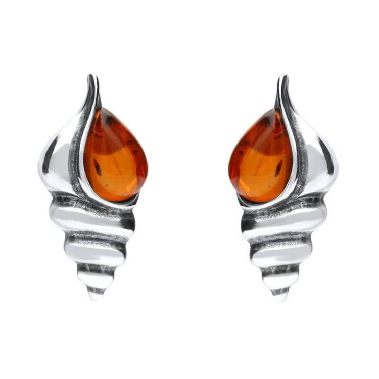 Sterling Silver Amber Shell Stud Earrings - Silver