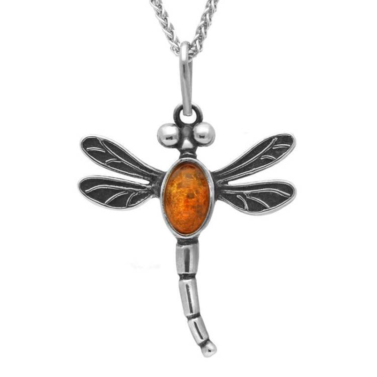 Sterling Silver Amber Small Dragonfly Necklace - Option1 Value Silver