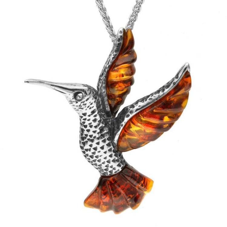 Sterling Silver Amber Small Hummingbird Necklace - Silver