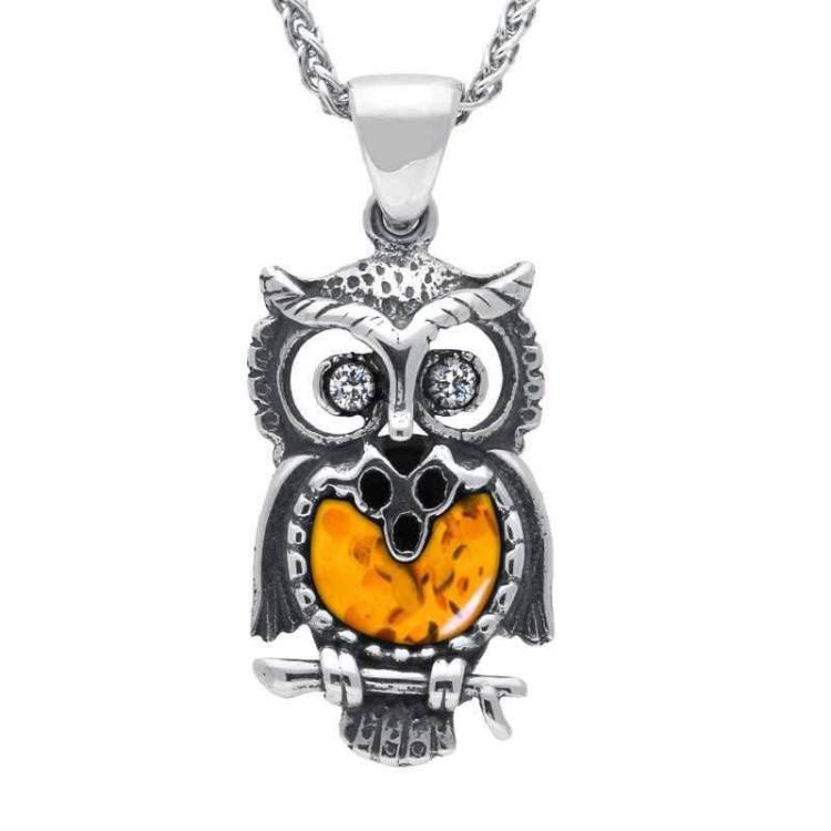 Sterling Silver Amber Small Owl Necklace - Silver