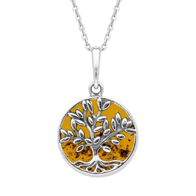 Sterling Silver Amber Small Round Large Leaves Tree of Life Necklace - Silver