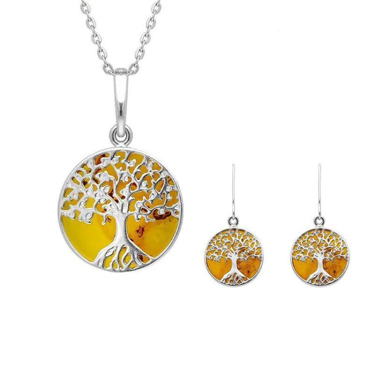 Sterling Silver Amber Small Round Tree of Life Two Piece Set