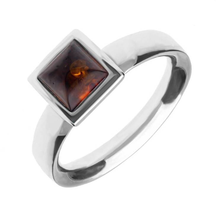 Sterling Silver Amber Small Square Domed Ring - Silver