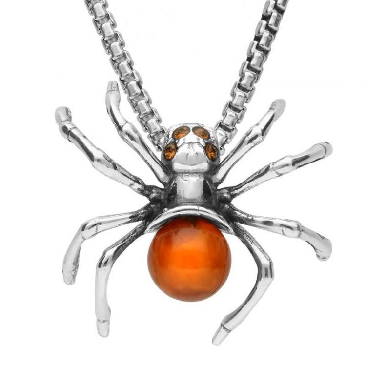 Sterling Silver Amber Spider Necklace - Silver