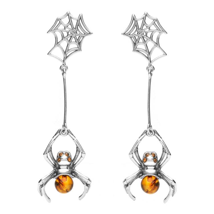 Sterling Silver Amber Spider Web Drop Earrings - Silver