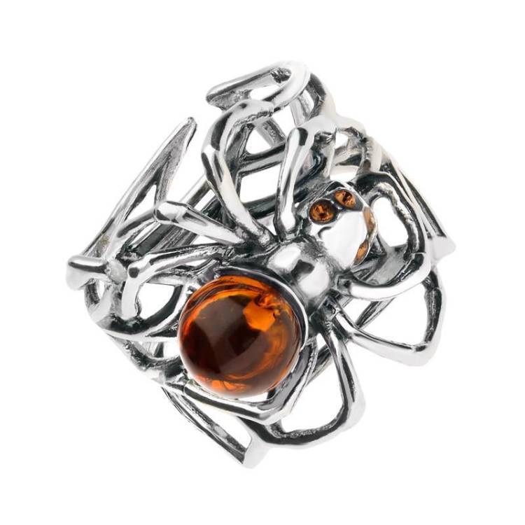 Sterling Silver Amber Spider Web Style Ring - Silver