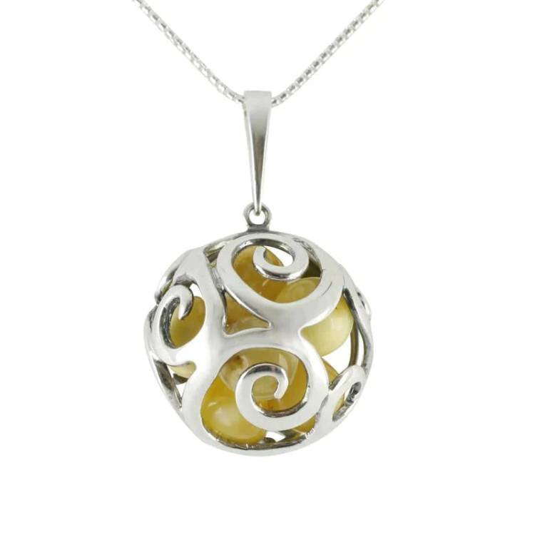 Sterling Silver Amber Swirl Cage Bead Necklace - Silver