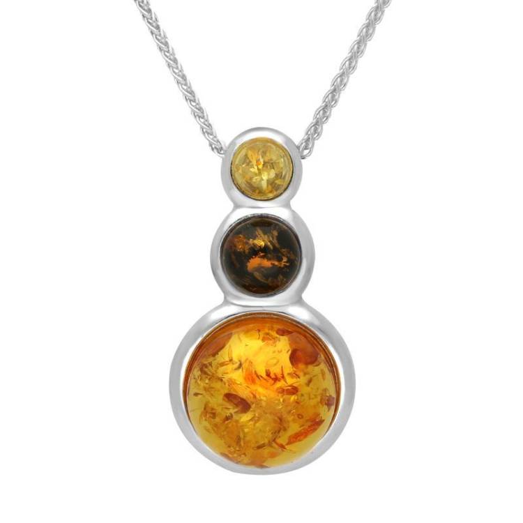 Sterling Silver Amber Three Stone Graduated Drop Necklace - Silver