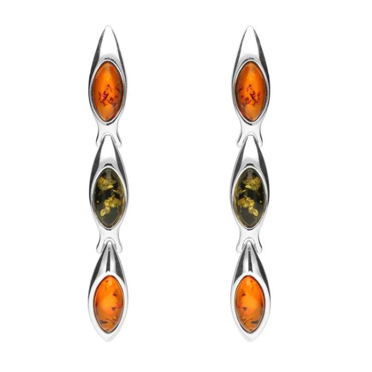 Sterling Silver Baltic Amber Three Stone Marquise Drop Earrings - Silver