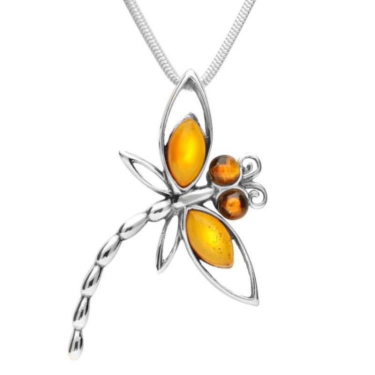 Sterling Silver Amber Top Wing Dragonfly Necklace - Option1 Value Silver