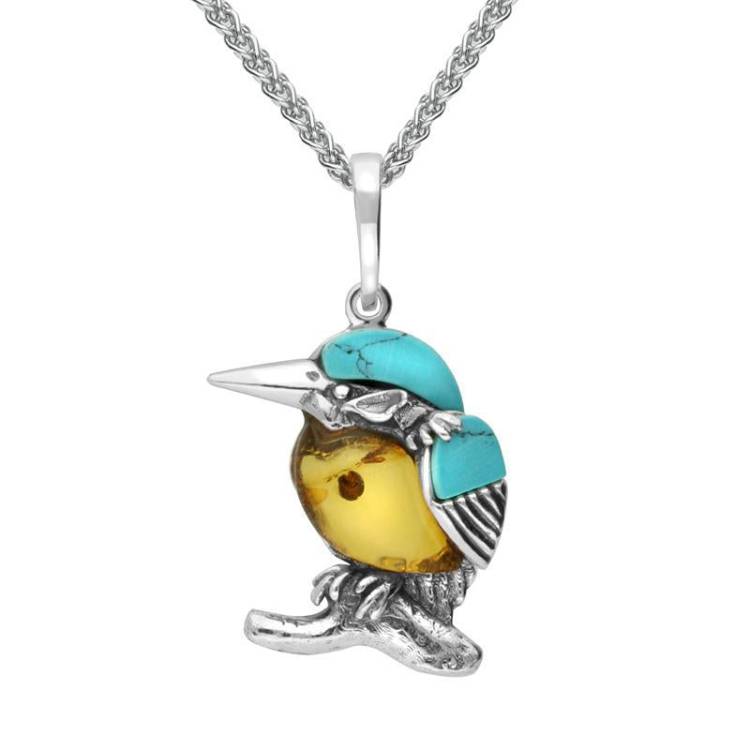 Sterling Silver Amber Turquoise Small Kingfisher Necklace