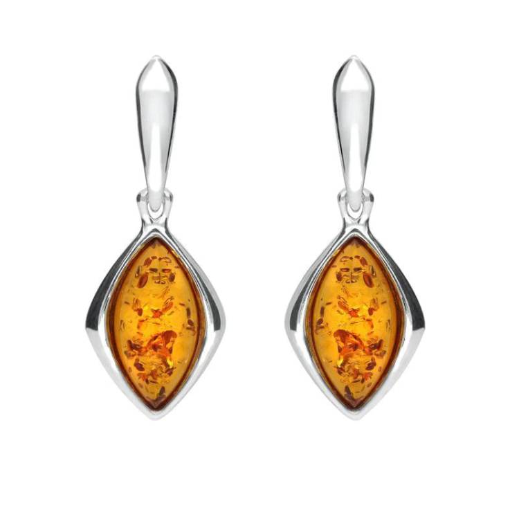 Sterling Silver Amber Wide Marquise Open Back Drop Earrings - Silver