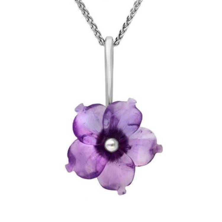 Sterling Silver Amethyst Tuberose 20mm Carnation Necklace - Silver