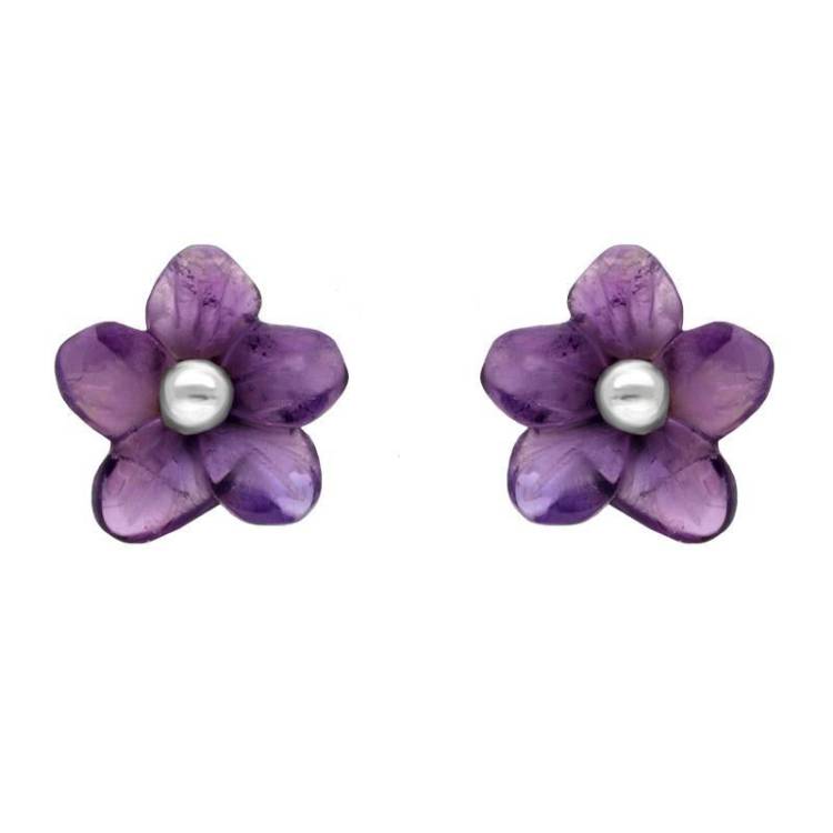 Sterling Silver Amethyst Tuberose 8mm Pansy Stud Earrings - Silver