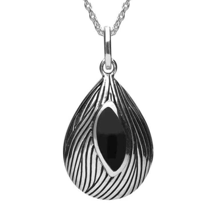 Sterling Silver And Whitby Jet Marquise Wave Wood Effect Necklace - Silver