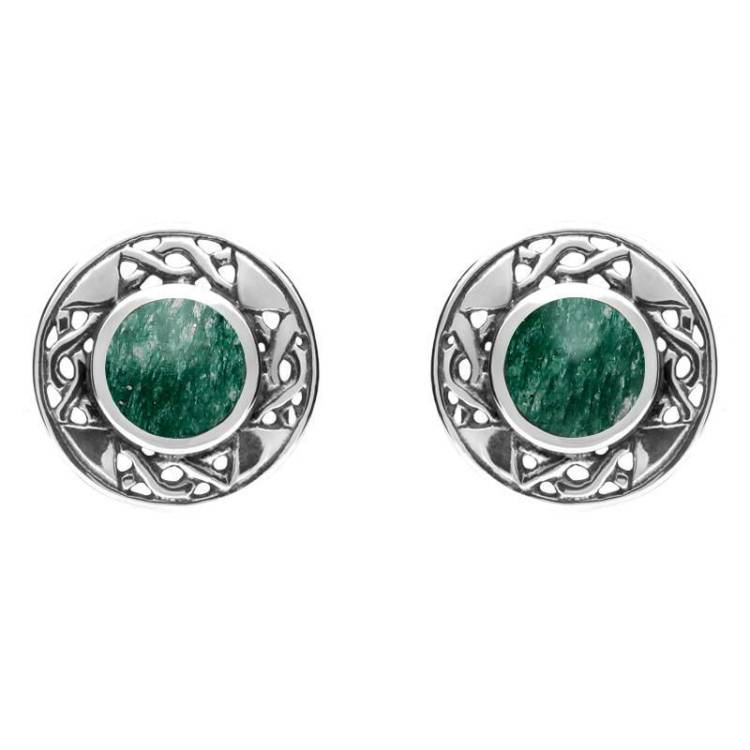 Sterling Silver Aventurine Round Celtic Stud Earrings - Silver