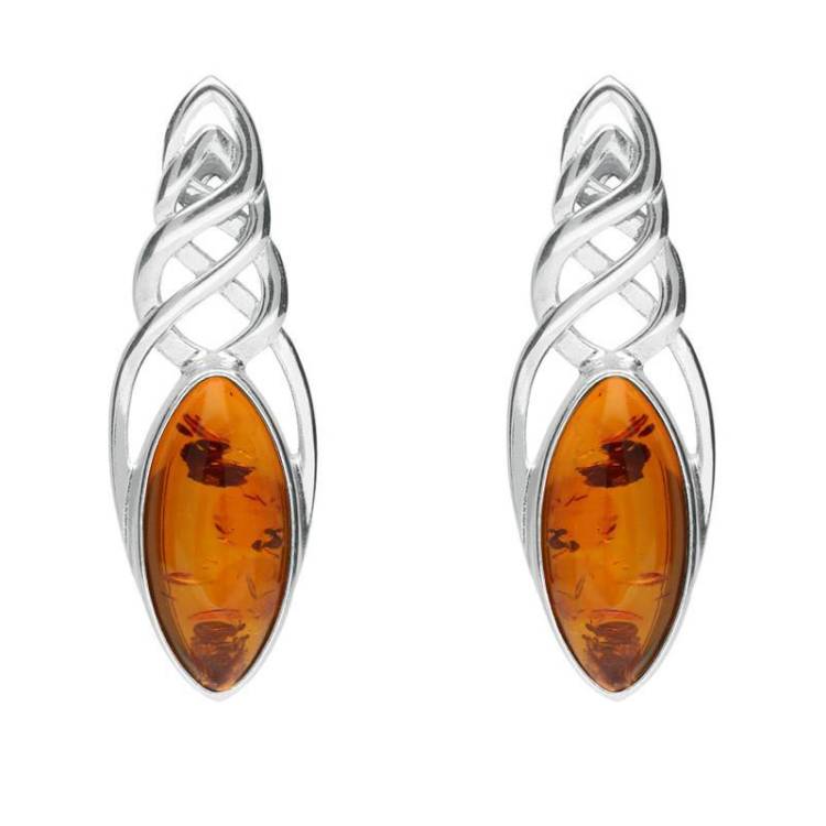 Sterling Silver Baltic Amber Celtic Long Marquise Stud Earrings - Silver