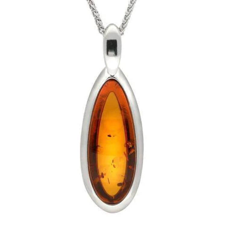 Sterling Silver Baltic Amber Curved Pear Necklace - Silver