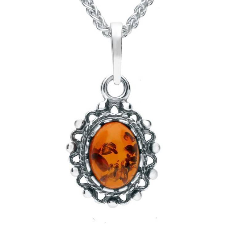 Sterling Silver Baltic Amber Framed Oval Necklace - Silver