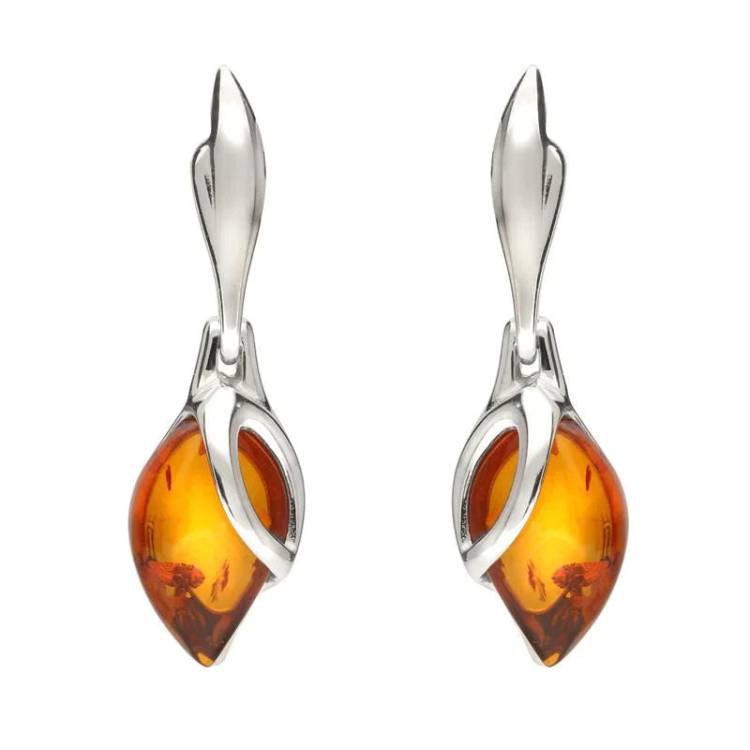 Sterling Silver Baltic Amber Leaf Drop Earrings - Silver