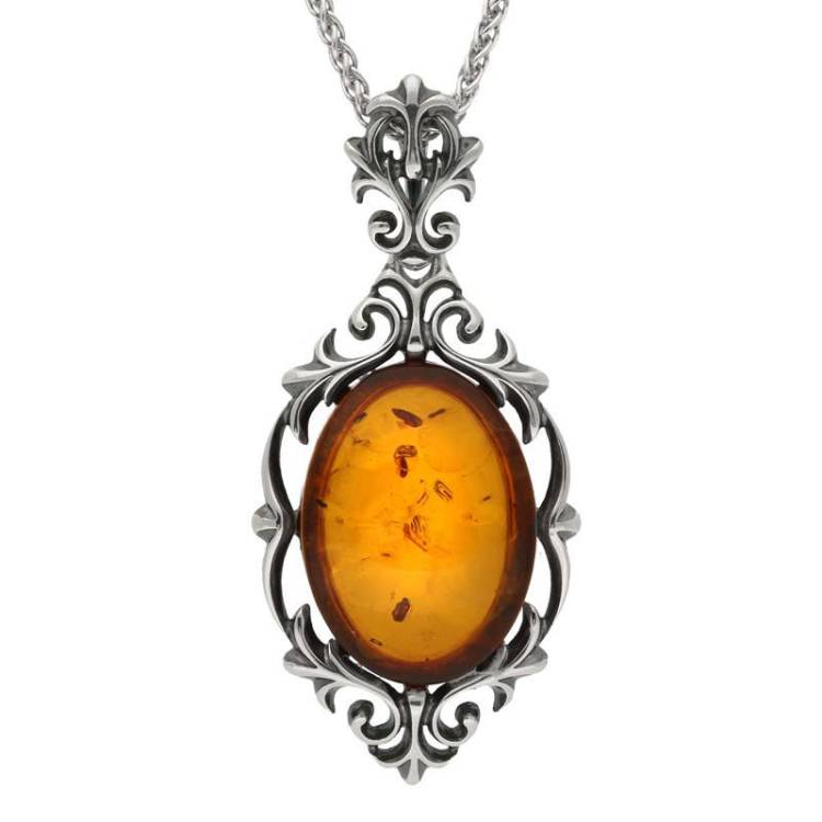 Sterling Silver Baltic Amber Ornate Oval Necklace - Silver