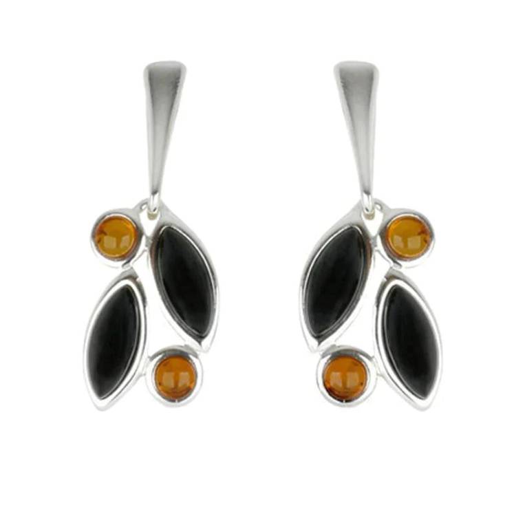 Sterling Silver Baltic Amber Whitby Jet Drop Stud Earrings - Silver