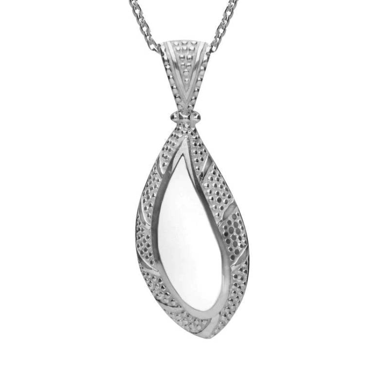 Sterling Silver Bauxite Marquise Shape Beaded Edge Necklace - Silver