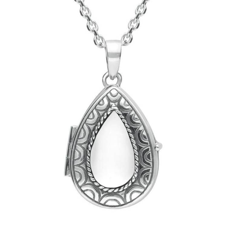 Sterling Silver Bauxite Pear Stone Pattern Edge Locket - Silver