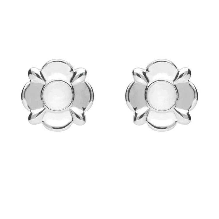 Sterling Silver Bauxite Round Four Petal Flower Stud Earrings - Silver