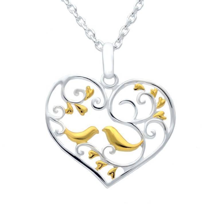 Yellow Gold Sterling Silver Plated Bird and Vine Open Heart Necklace - Option1 Value Yellow Gold