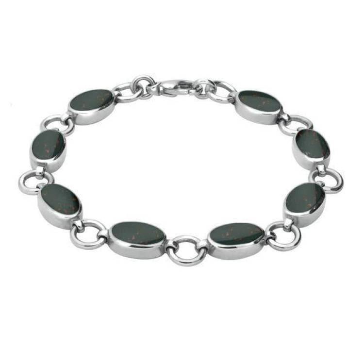 Sterling Silver Bloodstone Eight Stone Round Ring Bracelet - Silver