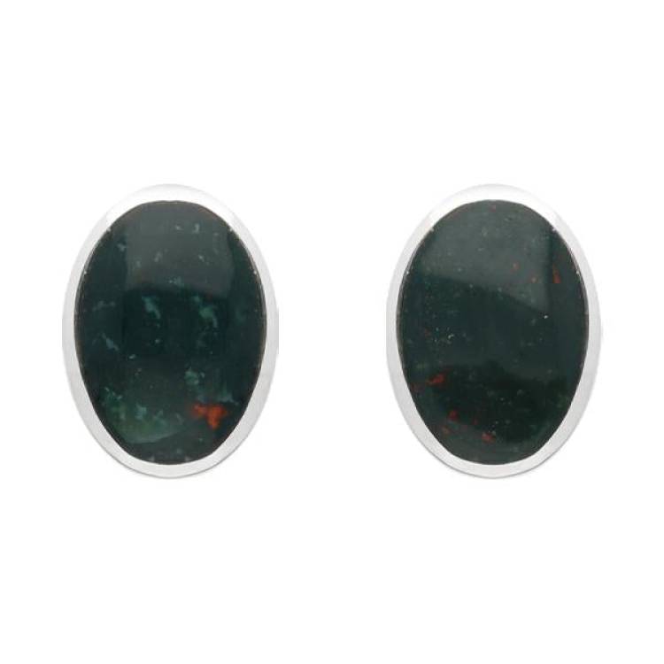 Sterling Silver Bloodstone Oval Stud Earrings - Silver