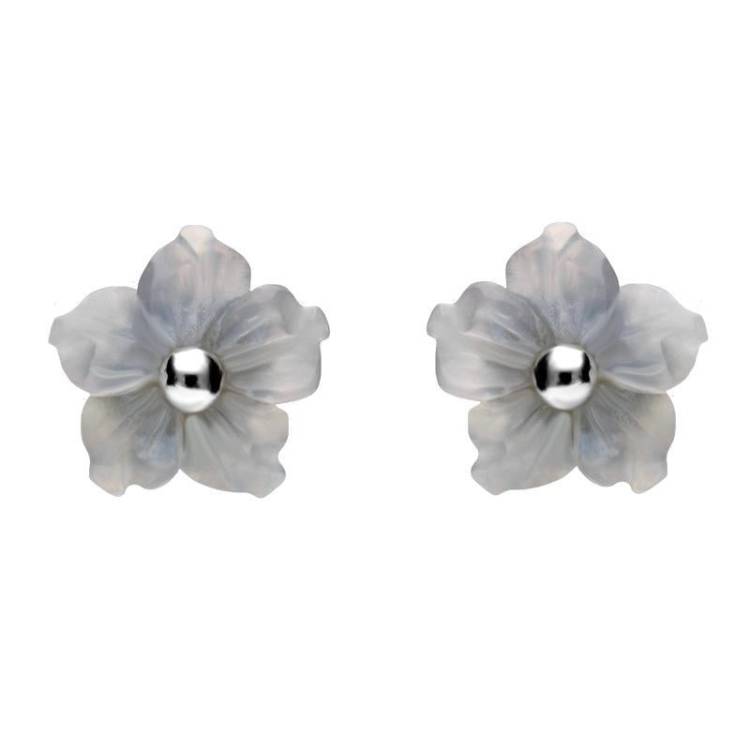 Sterling Silver Blue Chalcedony Tuberose 8mm Carnation Stud Earrings - Silver