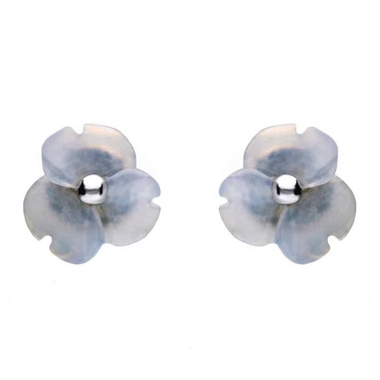 Sterling Silver Blue Chalcedony Tuberose 8mm Clover Stud Earrings - Silver