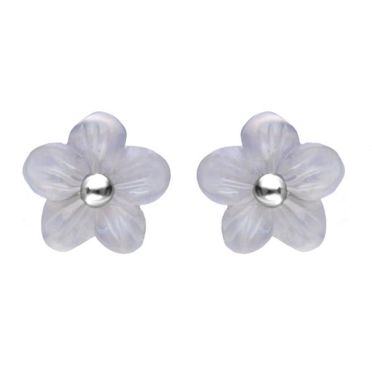 Sterling Silver Blue Chalcedony Tuberose 8mm Pansy Stud Earrings - Silver